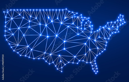 Abstract polygonal  map USA with glowing dots and lines, network connections. Vector illustration. Eps 10