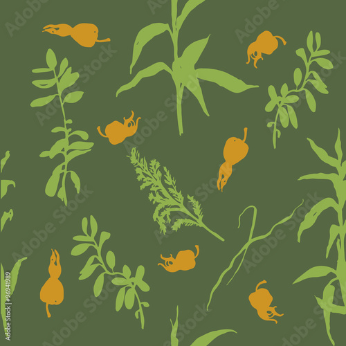 Forest herbs and rose hips background seamless pattern vector illustration