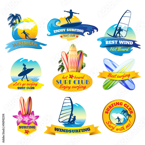 Surfing emblems set