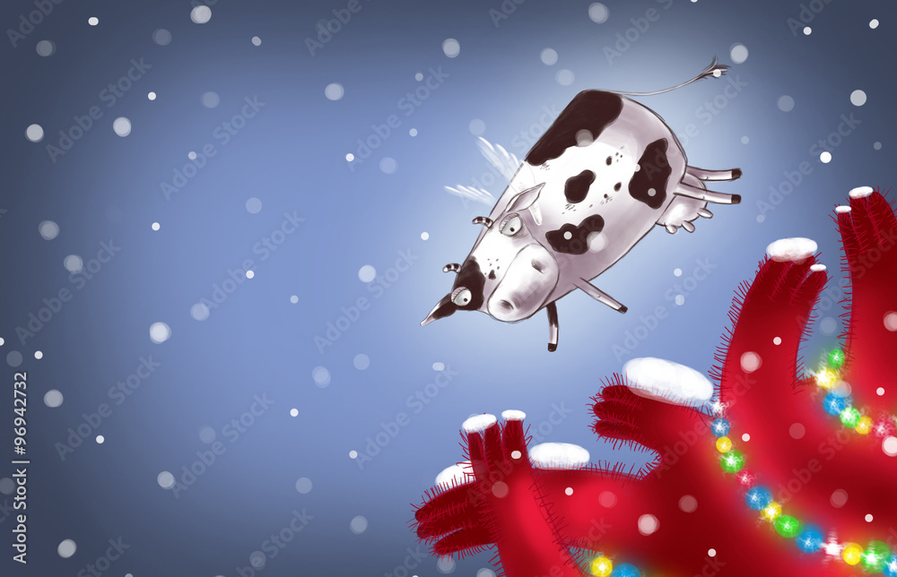 Naklejka premium Cute Flying Cow Above the Christmas Tree