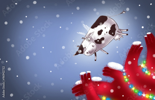 Cute Flying Cow Above the Christmas Tree