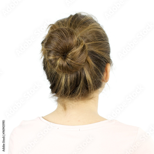 Long blond hair putted in bun isolated