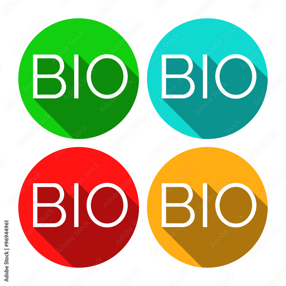 Isolated BIO stickers in four colors. BIO stickers with long shadows. Green lifestyle stickers. Flat style badges with text and long shadow. Environmental theme.