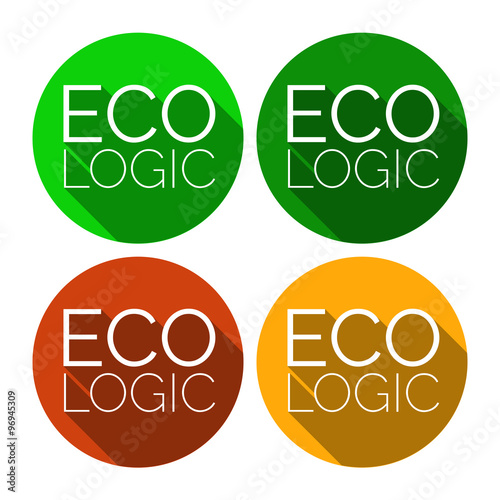 ECO LOGIC ecologic vector sticker. Flat style design with environmental theme. Ecologic sticker for product packages. Ecologic badges and stamps in four colors with long shadows. Ecologic is logical.