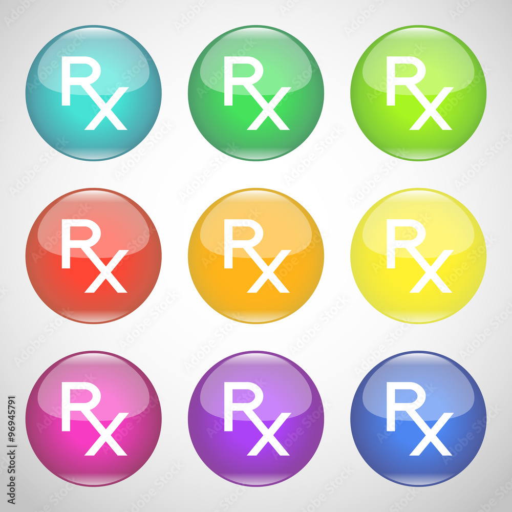 Shiny Rx buttons. Colorful set of symbols of prescription. Medicine and pharmacy. Vector illustration. Shiny Rx buttons. Colorful set of symbols of prescription. Medicine and pharmacy. Vector illustration.