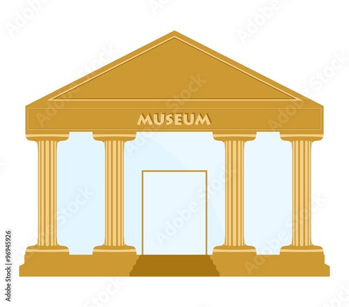 Gold museum building with columns, stairs, doors with glass panes and museum inscription on a white background