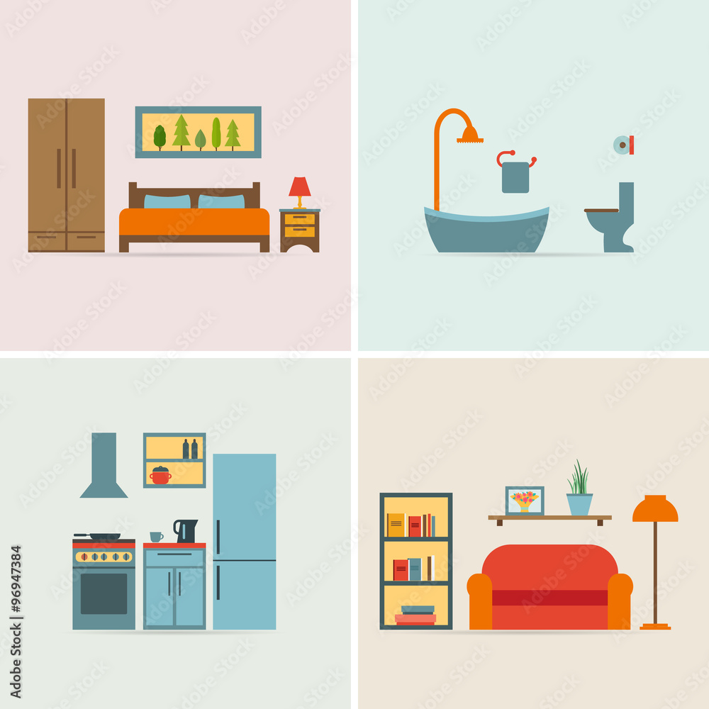 Banners with furniture icons for rooms of house