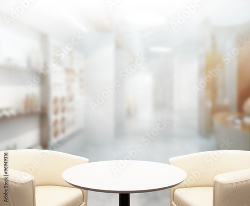 Wood Table Of Blur Background in Office