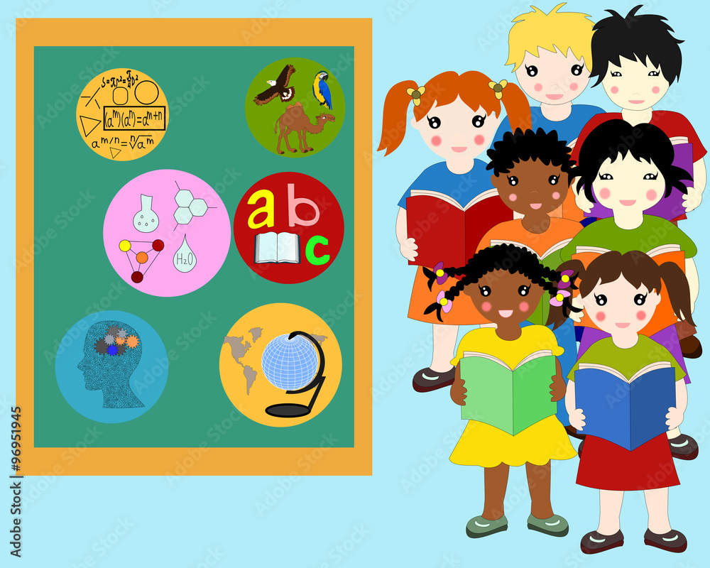Children of different races with books in hands near a school bo Children of different races with books in hands near a school bo