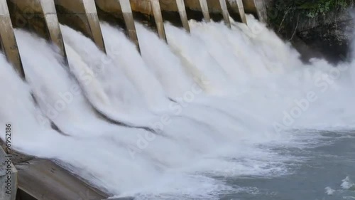 Hydroelectric power dam, medium shot, Kananaskis Dam on the Bow River, Alberta, Canada