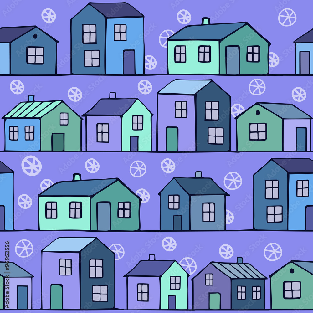 Cute small blue houses. Vector seamless pattern