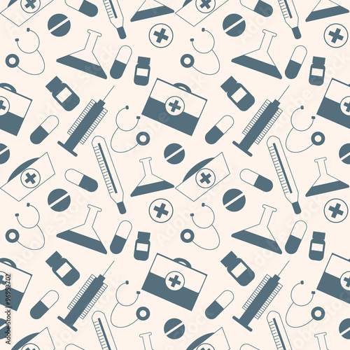 Seamless vector pattern, light chaotic background with medical tools and pills.