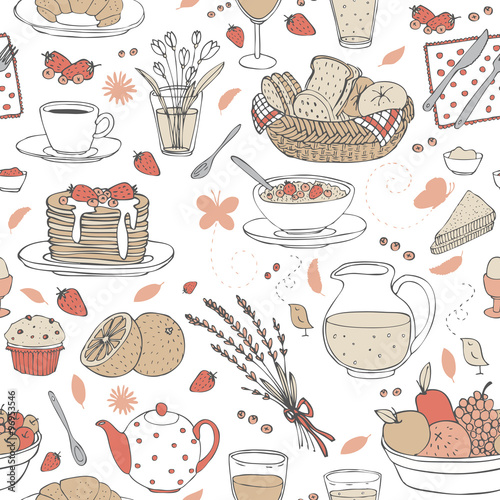 vector seamless pattern with various breakfast items