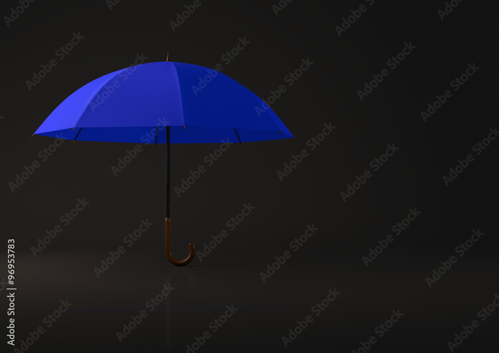 Open blue umbrella on black background.