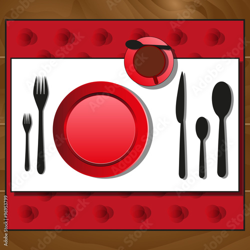 Plates, spoons, forks, knife, Cup of tea spread out on the wooden table