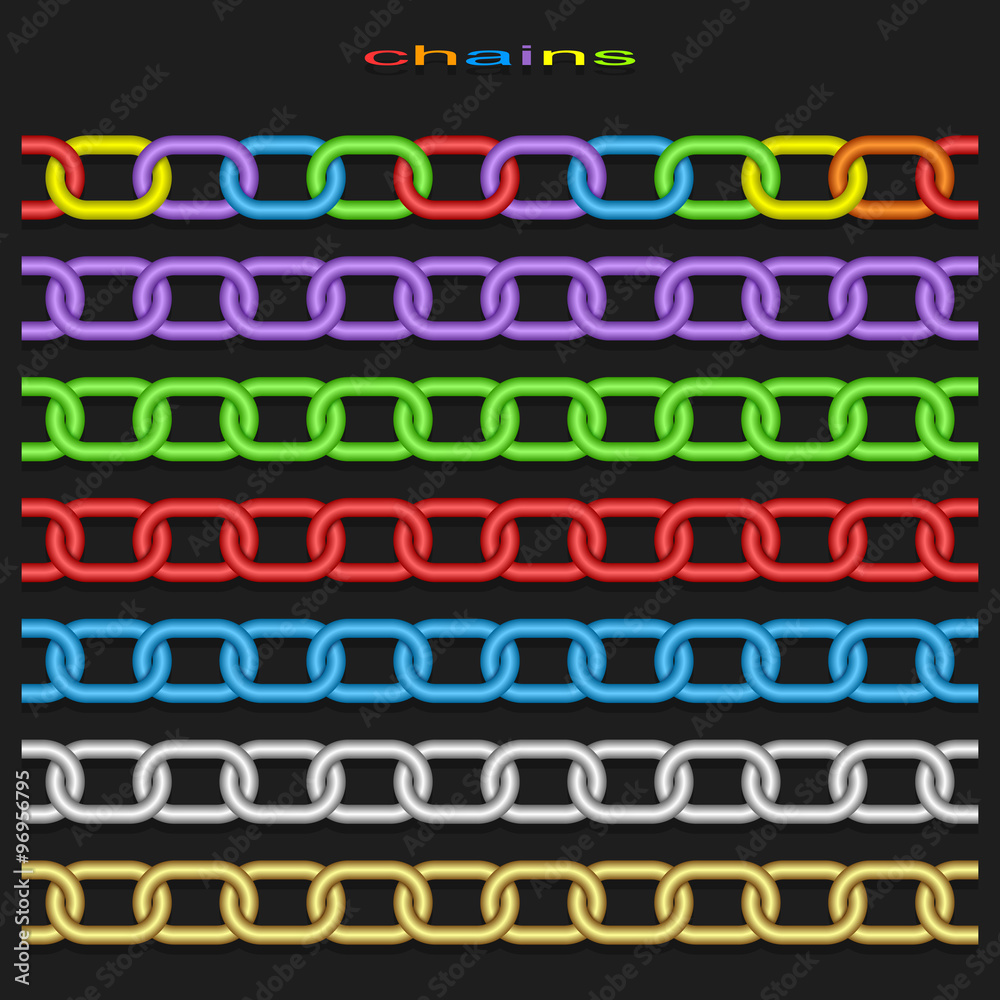 Set of chains of different color on a black background. 