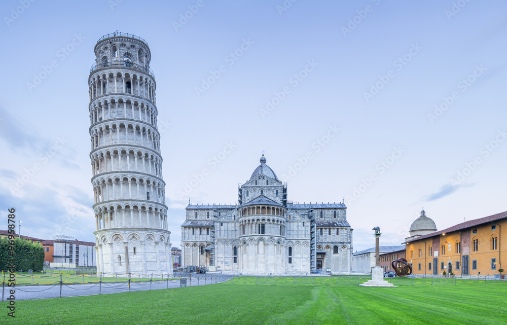 Falling tower and cathedral  in Pisa in Italy in the morning