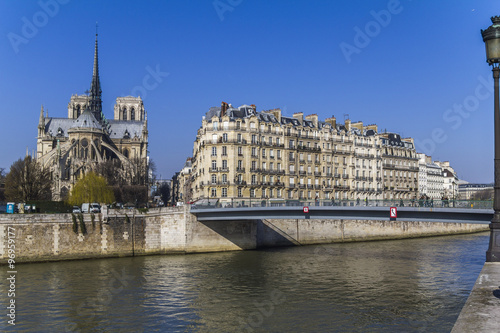 View on Notre Dame and houses over the river, Paris