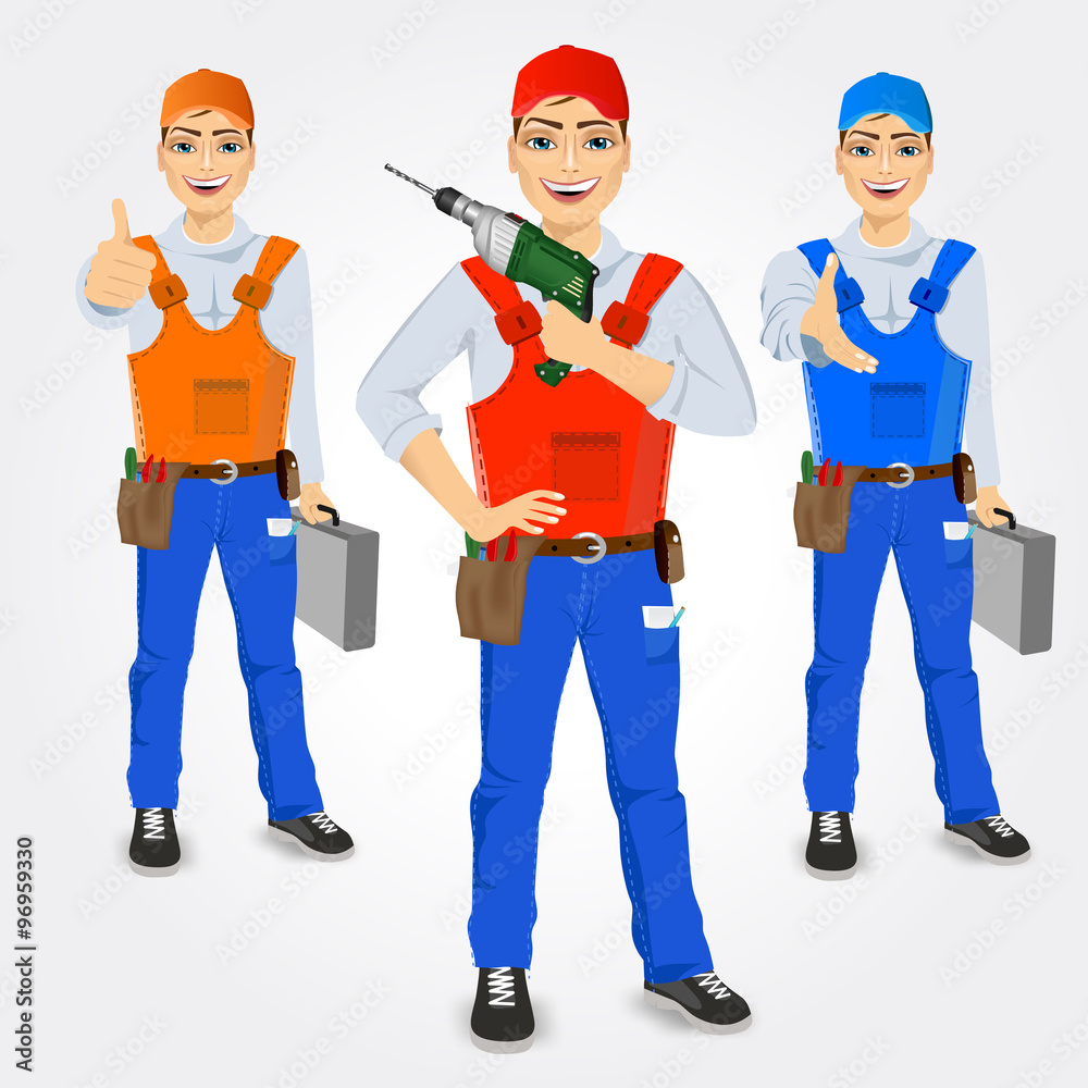 set of handymen holding green drill set of handymen holding green drill