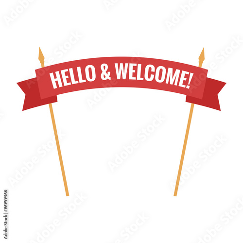 Welcome sign. Vector illustration. White inscription hello and welcome to the red transporant. Text with Banner ribbon business on a white background isolated