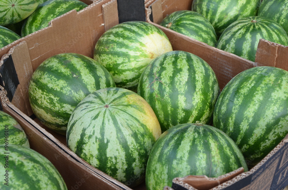 Wassermelone in einer Kiste  auf einen Markt