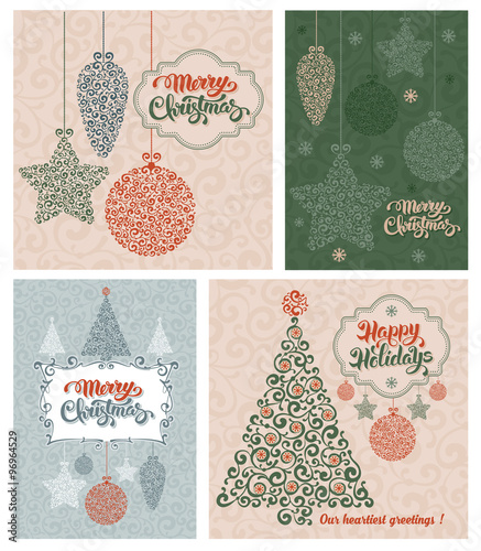 Set of vintage card with Christmas decorations and calligraphic inscription Merry Christmas and Happy Holidays. Vector illustration 