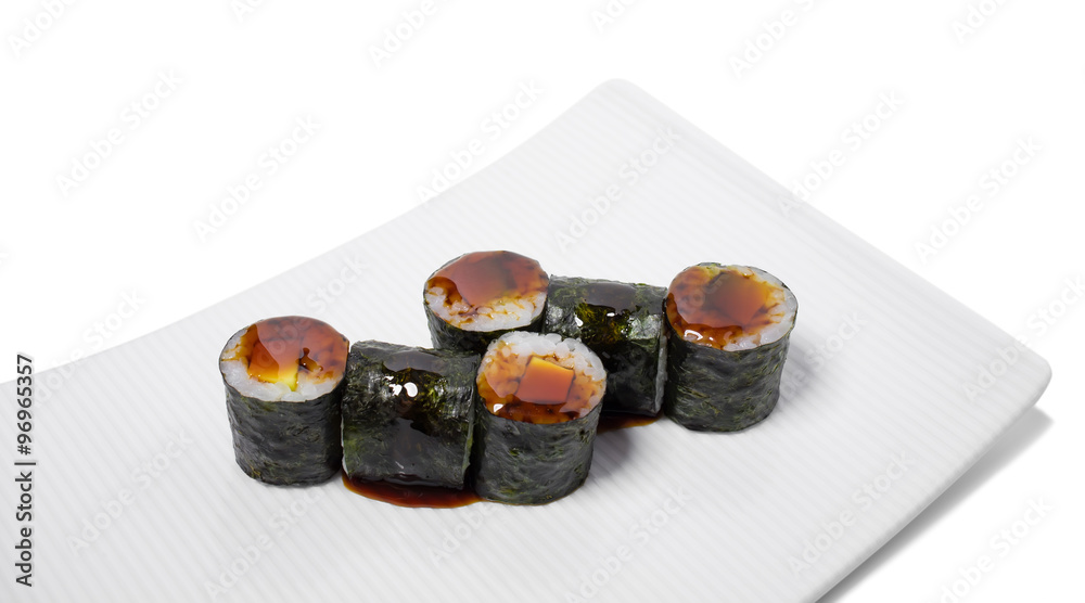 Traditional japanese avocado sushi roll. Traditional japanese avocado sushi roll.