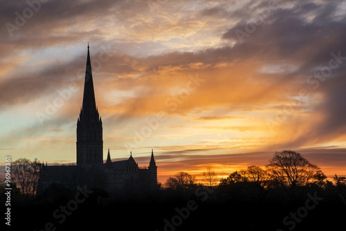 Winter frosty sunrise landscape Salisbury cathedral city in Engl © veneratio