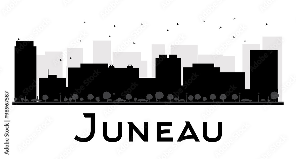Juneau City skyline black and white silhouette. Some elements of illustration have transparency mode different from normal