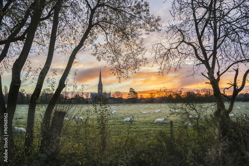 Winter frosty sunrise landscape Salisbury cathedral city in Engl