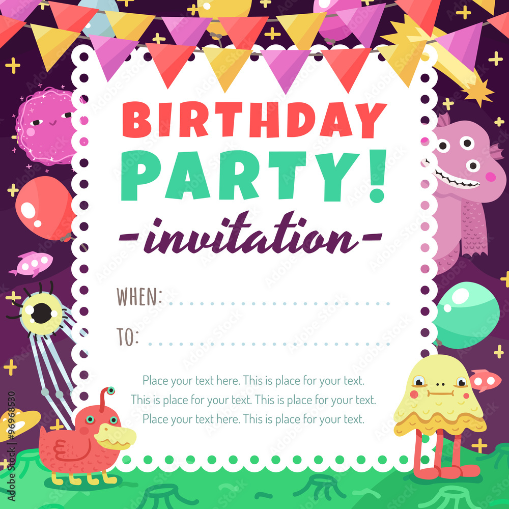 Birthday party funny space invitation with cartoon aliens and monsters. For kids and adults. Birthday party funny space invitation with cartoon aliens and monsters. For kids and adults.