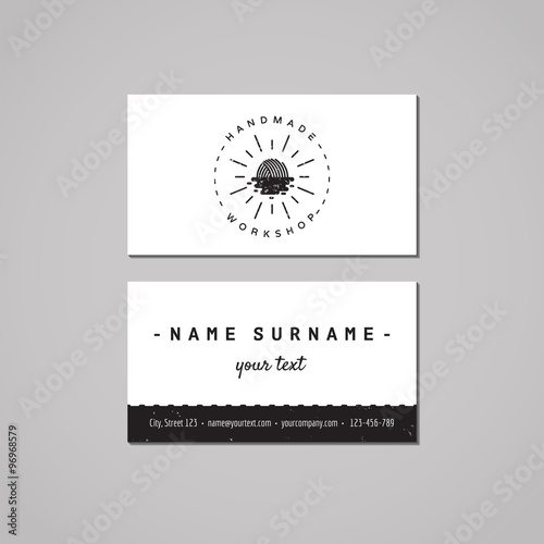 Handmade workshop business card design concept. Handmade workshop logo with yarn ball as rising sun and water. Vintage, hipster and retro style. Black and white.