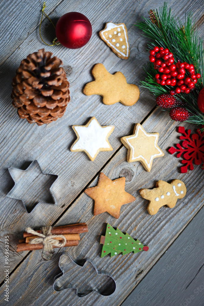 Christmas cookies on wooden table