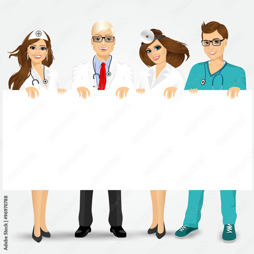 doctors and nurses holding a blank billboard