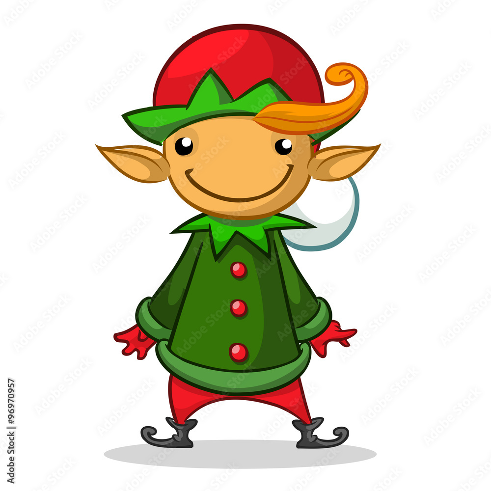 Obraz premium Christmas elf character in red hat. Illustration of Christmas greeting card with cute elf on simple white background.