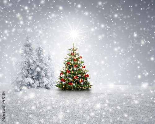 Geschmückter Tannenbaum im Schnee