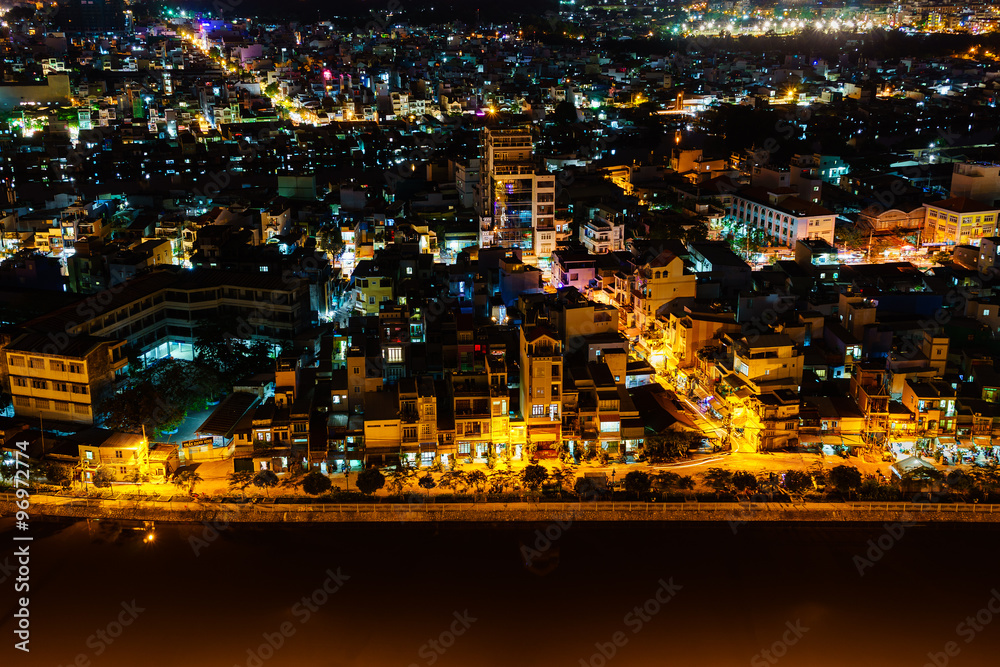 Panoramic view of Ho Chi Minh city (or Saigon) by night, Vietnam. Saigon is the largest city and economic center in Vietnam with population around 10 million 