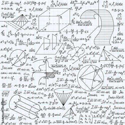 Math vector seamless texture with formulas, plots, functions, equations and algebraic and geometric figures, "handwritten on a grid copybook paper"