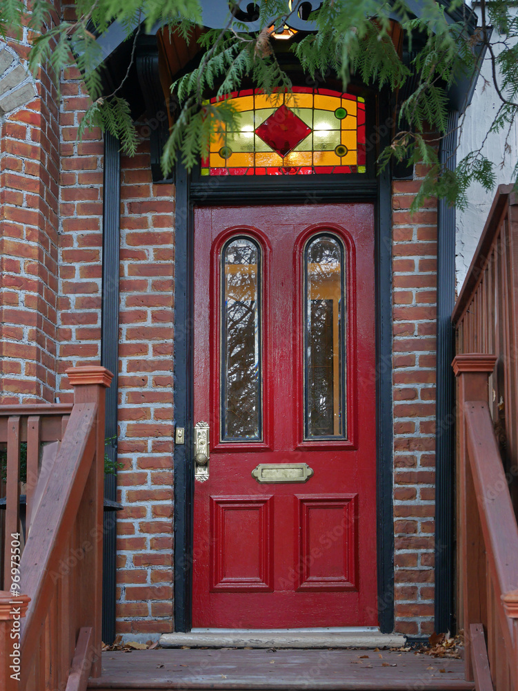 old red door of Victorian house, with stained glass transom Stock Photo |  Adobe Stock