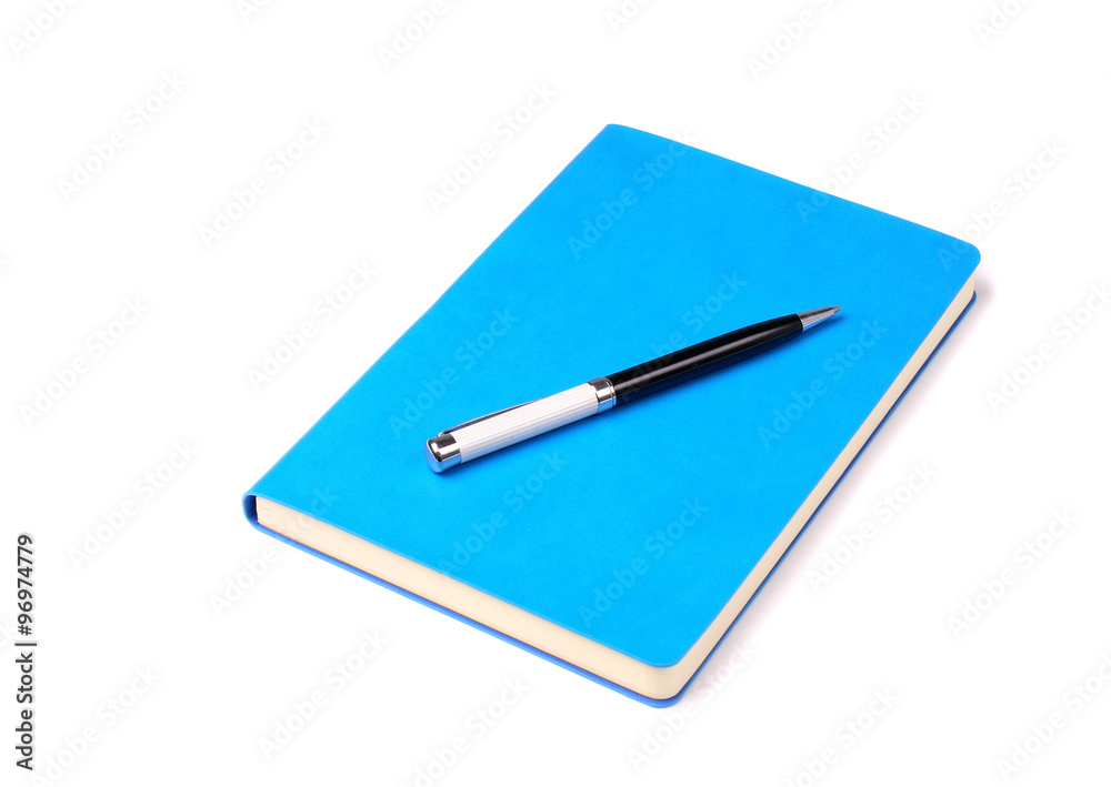 blue writing pad and pen isolated on white background blue writing pad and pen isolated on white background