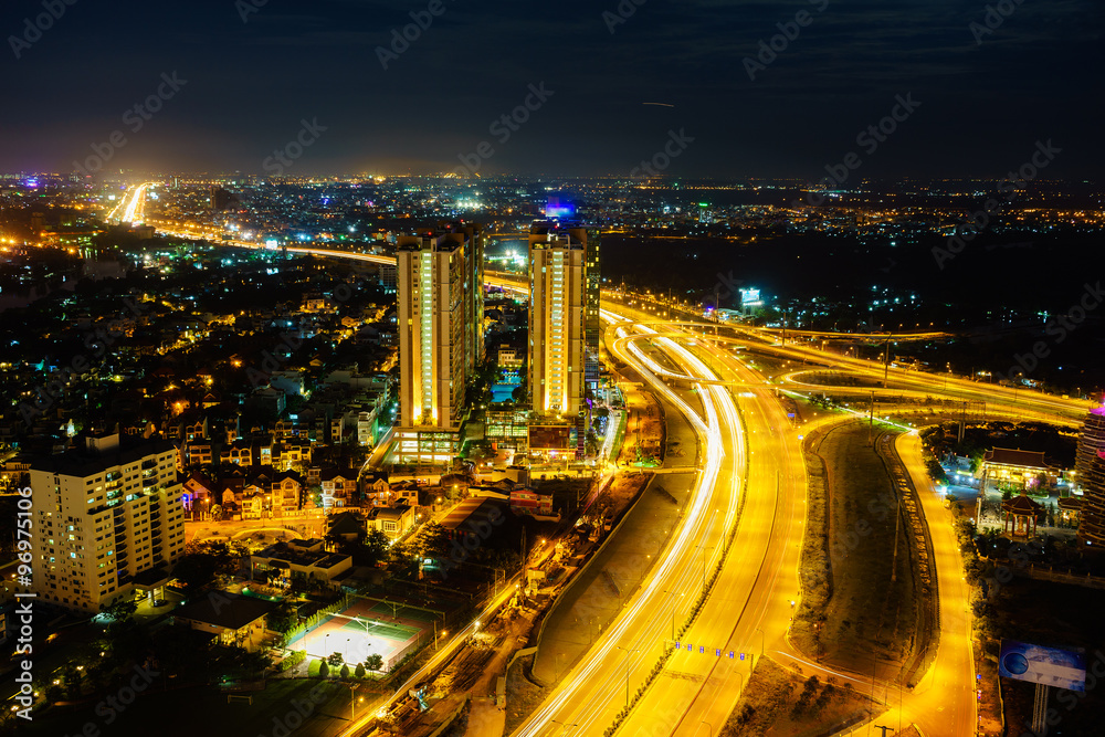 Panoramic view of National Route 1A in Ho Chi Minh city (or Saigon) in twilight, Vietnam