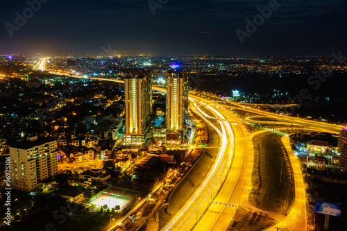 Panoramic view of National Route 1A in Ho Chi Minh city  or Saigon  in twilight  Vietnam