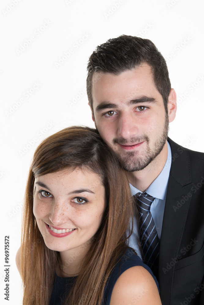 Thoughtful couple hugging and looking up - isolated Thoughtful couple hugging and looking up - isolated