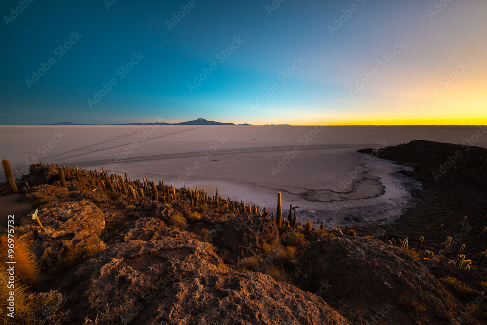 Uyuni Salt Flat on the Bolivian Andes at dawn