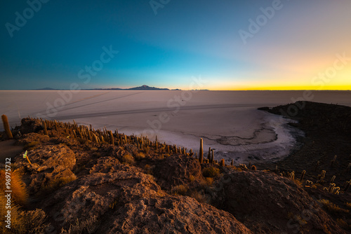Uyuni Salt Flat on the Bolivian Andes at dawn