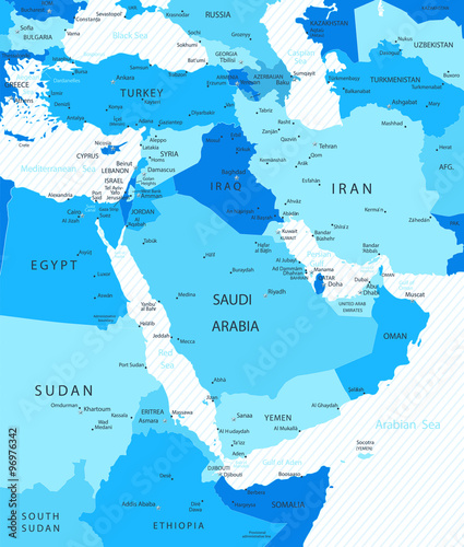 Middle East and Asia Map Blue Colors Map