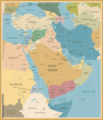 Middle East And West Asia Map Vintage Colors