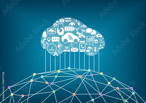 Connected car and internet of things concept. Driverless cars connected to the world wide web. 