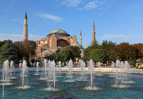 Fountains in front of the Hagia Sophia, located in Istanbul, Turkey. It was constructed in 537 by Byzantine Emperor Justinian I..