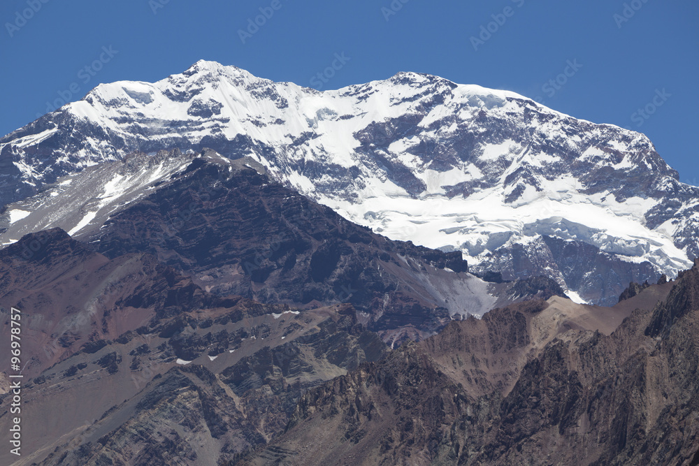 Aconcagua mountain peak with clear blue sky. Argentina